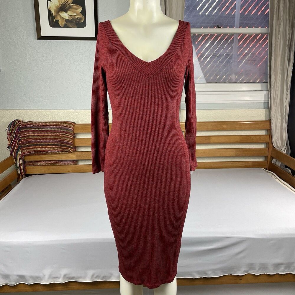 Charlotte Russe Soft Ribbed Long Sleeve Sweater Dress Women's Med Burgundy Basic